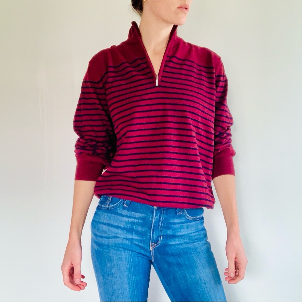 LL Bean Burgundy Navy Striped Cotton & Cashmere Quarter Zip Pullover Sweater M